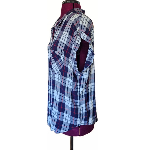 Jachs Navy Plaid Print Loose Fit Short Sleeve Blouse Top Womens - Picture 5 of 11